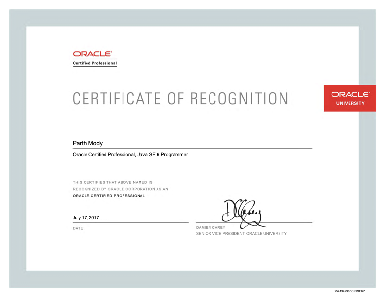 Oracle Certified Professional — Certificate preview